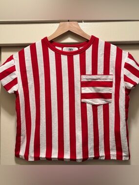Zara Red & White Striped Pocket cropped Tee Size 10